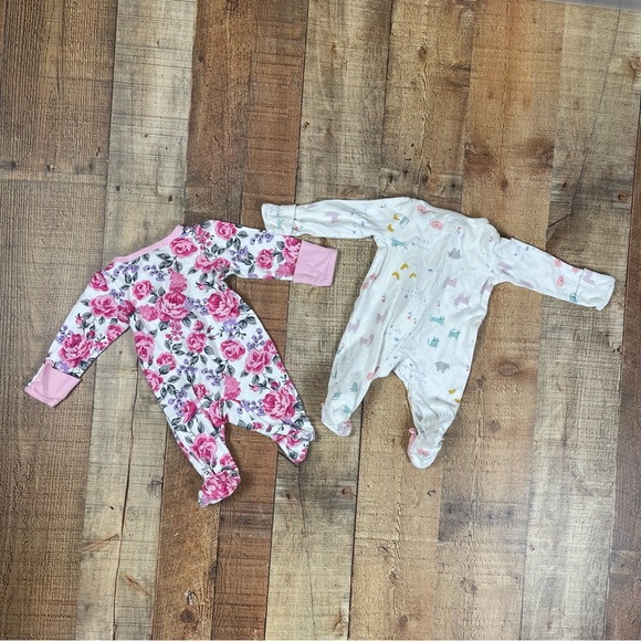 Newborn Zip Button Floral Peach Pastel Animal Bird Footie Bundle of 4 - Picture 3 of 11